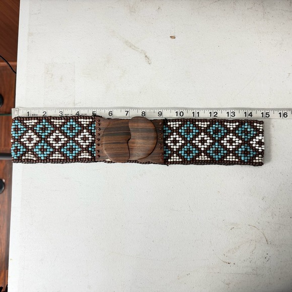 Handmade Beaded Geometric Waist Belt Turquoise Brown Wood Buckle Retro 33 Inch - Picture 7 of 9
